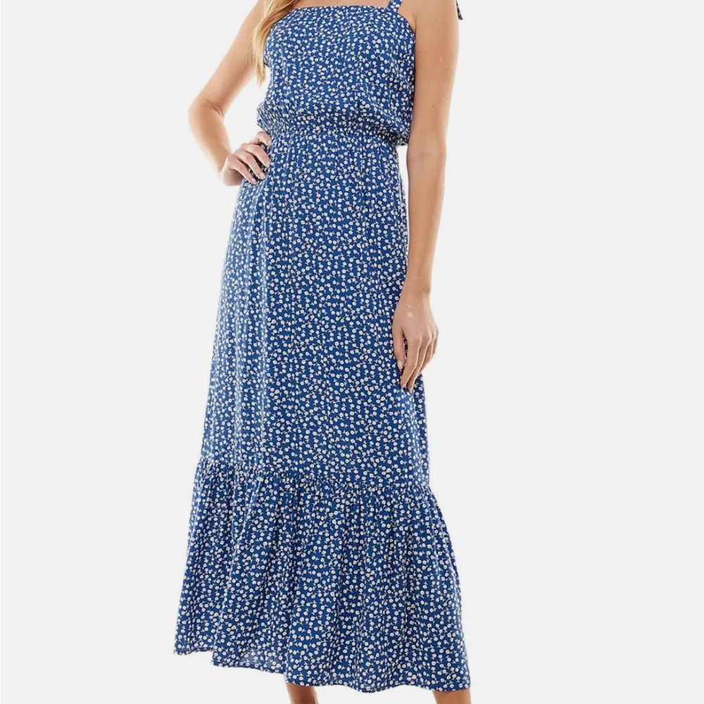 Kingston grey blue midi dress with white and red flowers size Small